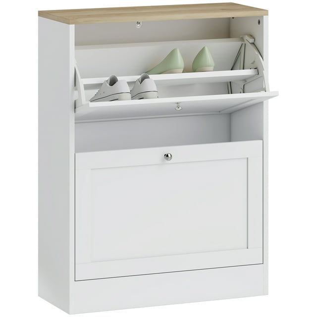 HOMCOM Armoire à Chaussures Mince avec 2 Tiroirs Basculants Tablettes Ajustables Blanc