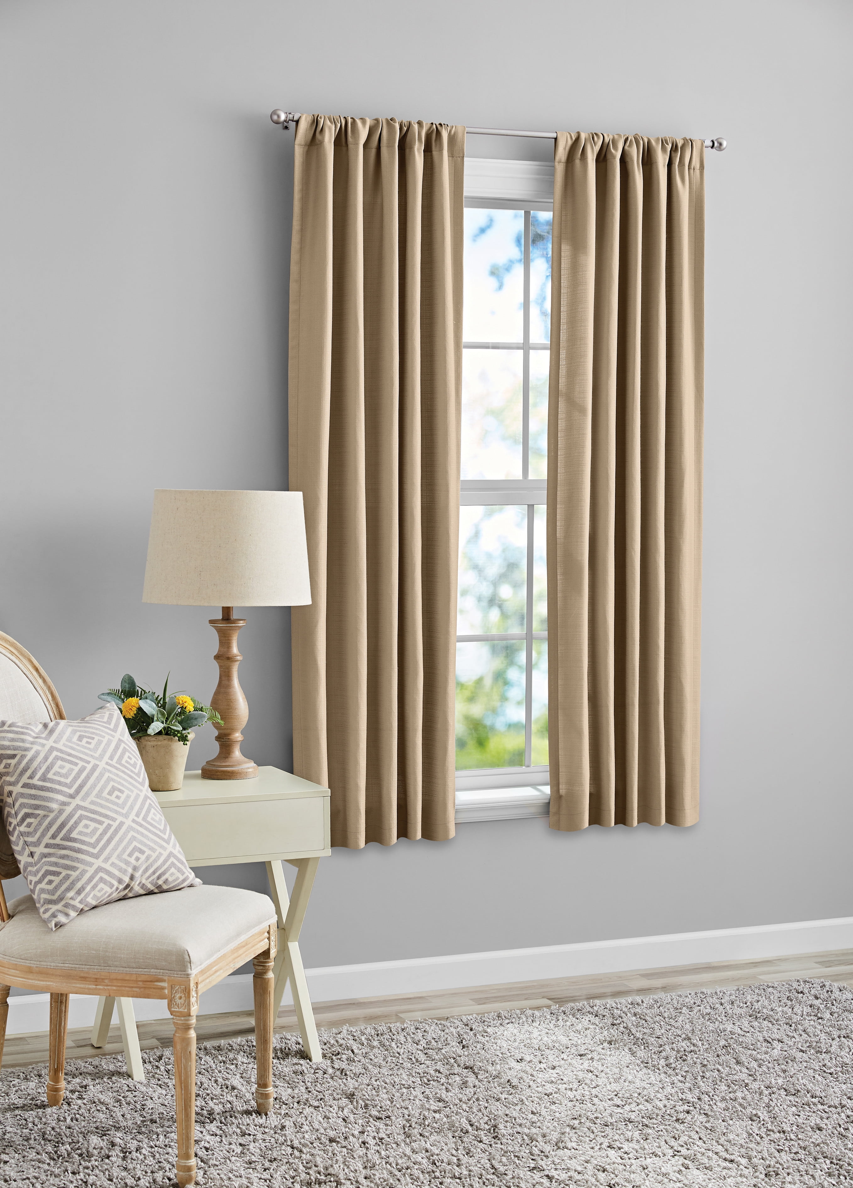 (2 pack) Mainstays Southport Light Filtering Rod Pocket Textured Curtain Panel, Set of 2, Beige, 40” W x 63” L