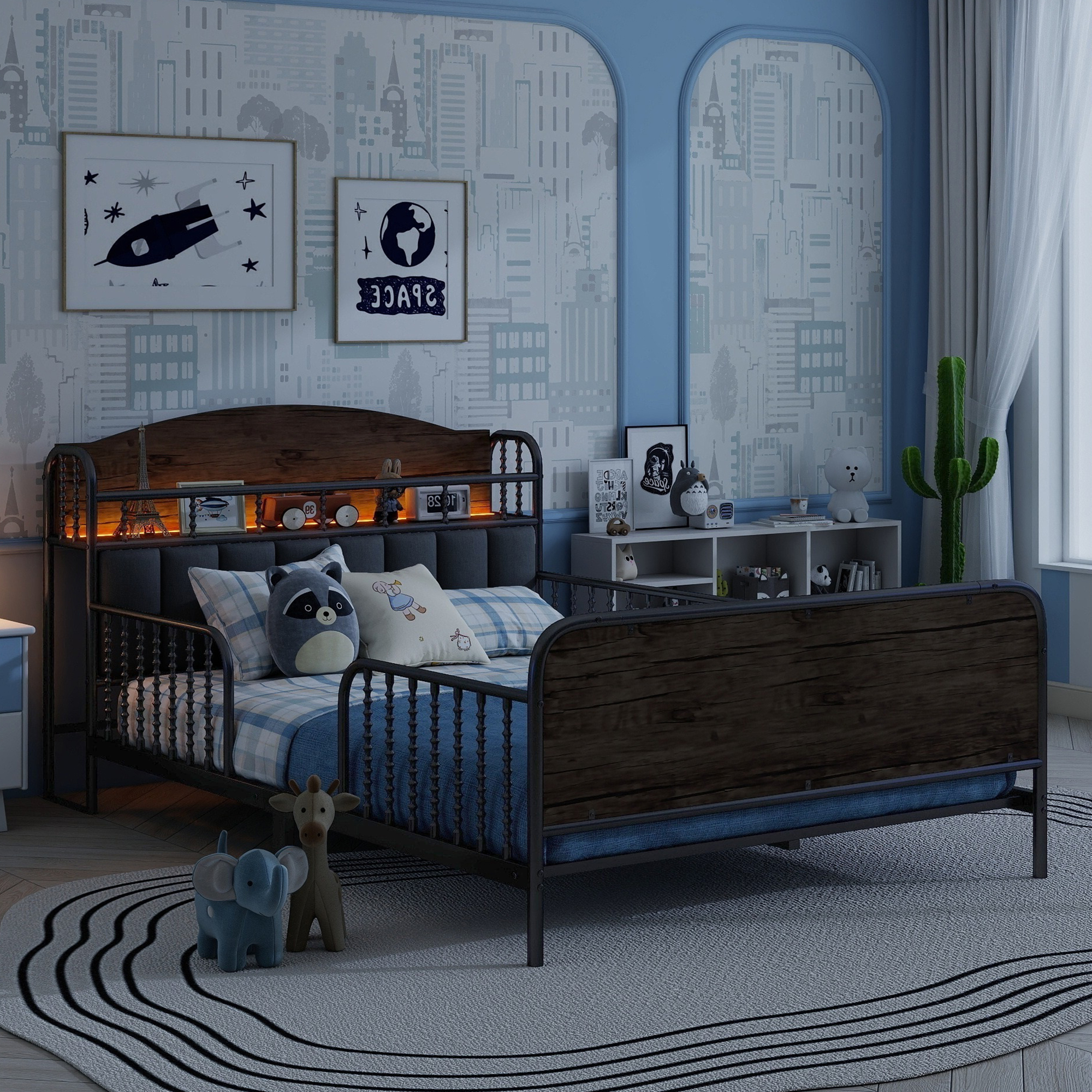 Euroco Metal Full Size Platform Bed with Upholstered Headboard, Storage Shelves and LED Light, Black