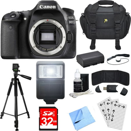 Canon EOS 80D 24.2 MP CMOS Digital SLR Camera (Body) Deluxe Bundle includes Camera, Case, Tripod, 32GB Memory Cards, LP-E6 Battery, Flash, Cleaning Kit, Beach Camera Cloth and