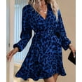 thumbnail image 4 of Dress Cheetah Ruffle Belted V Neck A Line Long Sleeve Elegant Casual Streetwear Dress Royal Blue L, 4 of 7