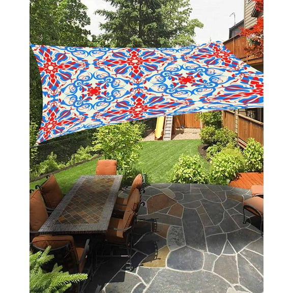 Sun Shade Sail 14x18Ft Boho Flower Blue Red Floral Abstract Lines Uv Block Sunshade Canopy Outdoor Shade Cover Rectangle Shade Cloth For Patio Garden Yard Deck Pergola