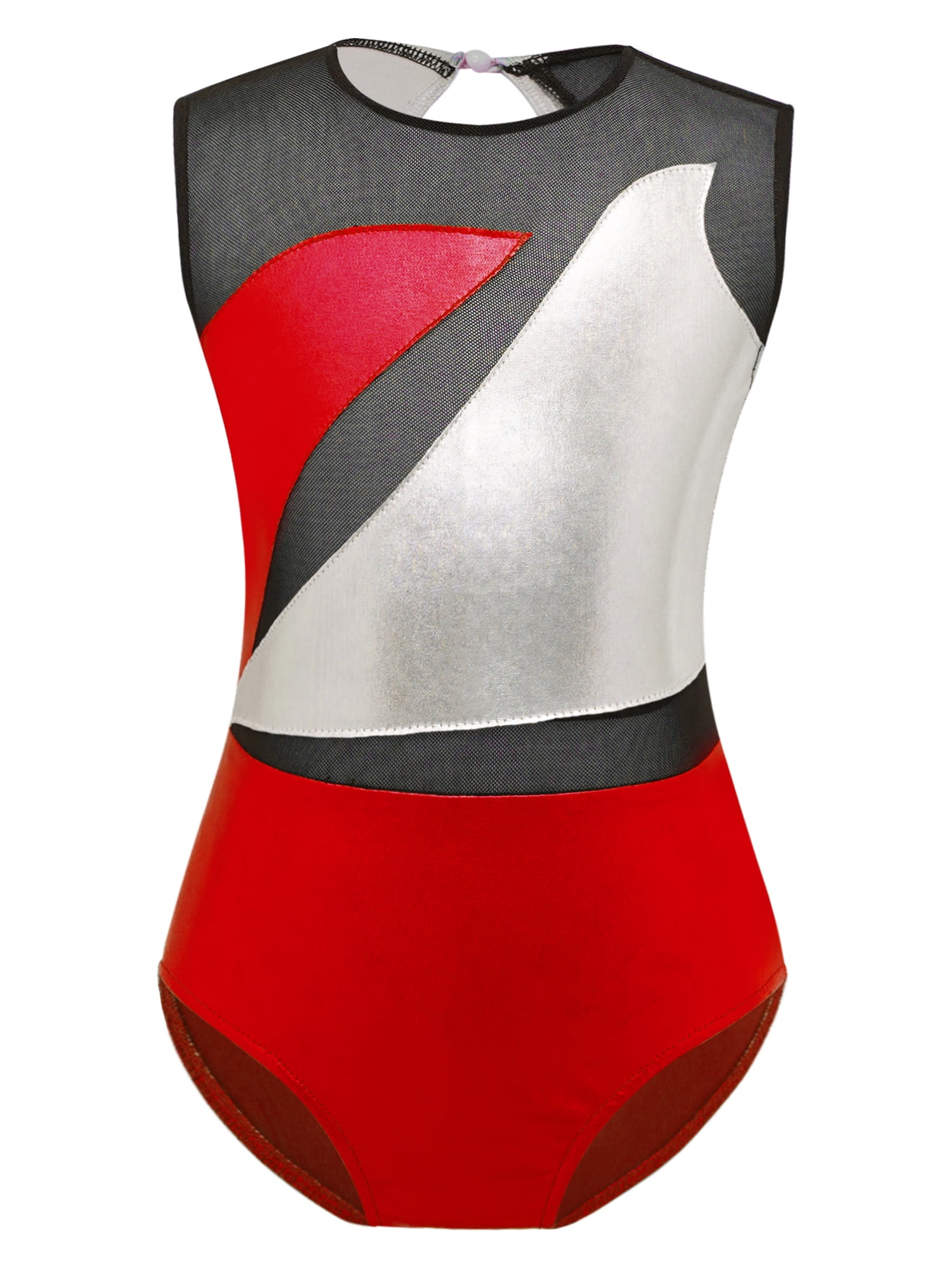 Yeahdor Kids Girls Sheer Mesh Patchwork Leotard Metallic Cutout Back