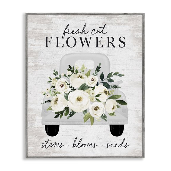 Stupell Industries Farmhouse Fresh Cut Flowers White Roses Carnations Truckload Gray Framed Giclee Art, 16 x 20, by Lettered and Lined