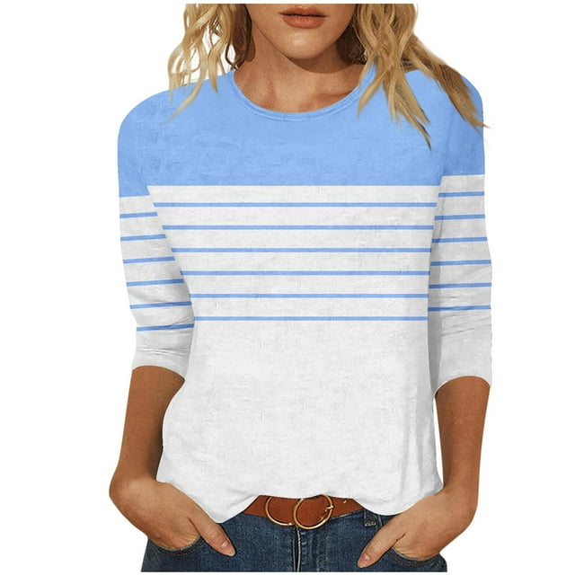 hotojiny Hauts pour Femmes à Manches 3/4 Décontractés à Rayures Col Rond Chemises Basiques Grande Taille Blouses de Travail Vêtements Été Automne 2025