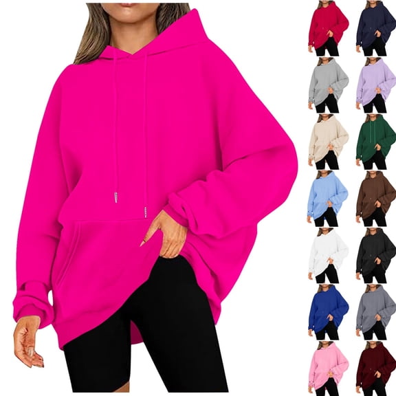ITSAME Womens Plus Size Hoodies Loose Fit Long Sleeve with Pockets Winter Comfy Casual Hooded Sweatshirts Hot Pink Size 3XL