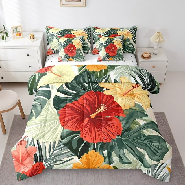 YST 7 Piece Palm Leaf Sheet Set With Comforter, Red Flower Bedding Sets Full For Kids Teens Adult,Rustic Floral Bed In A Bag Tropical Leaves Botanical Bed Set Rustic Farmhouse Bedroom Decor