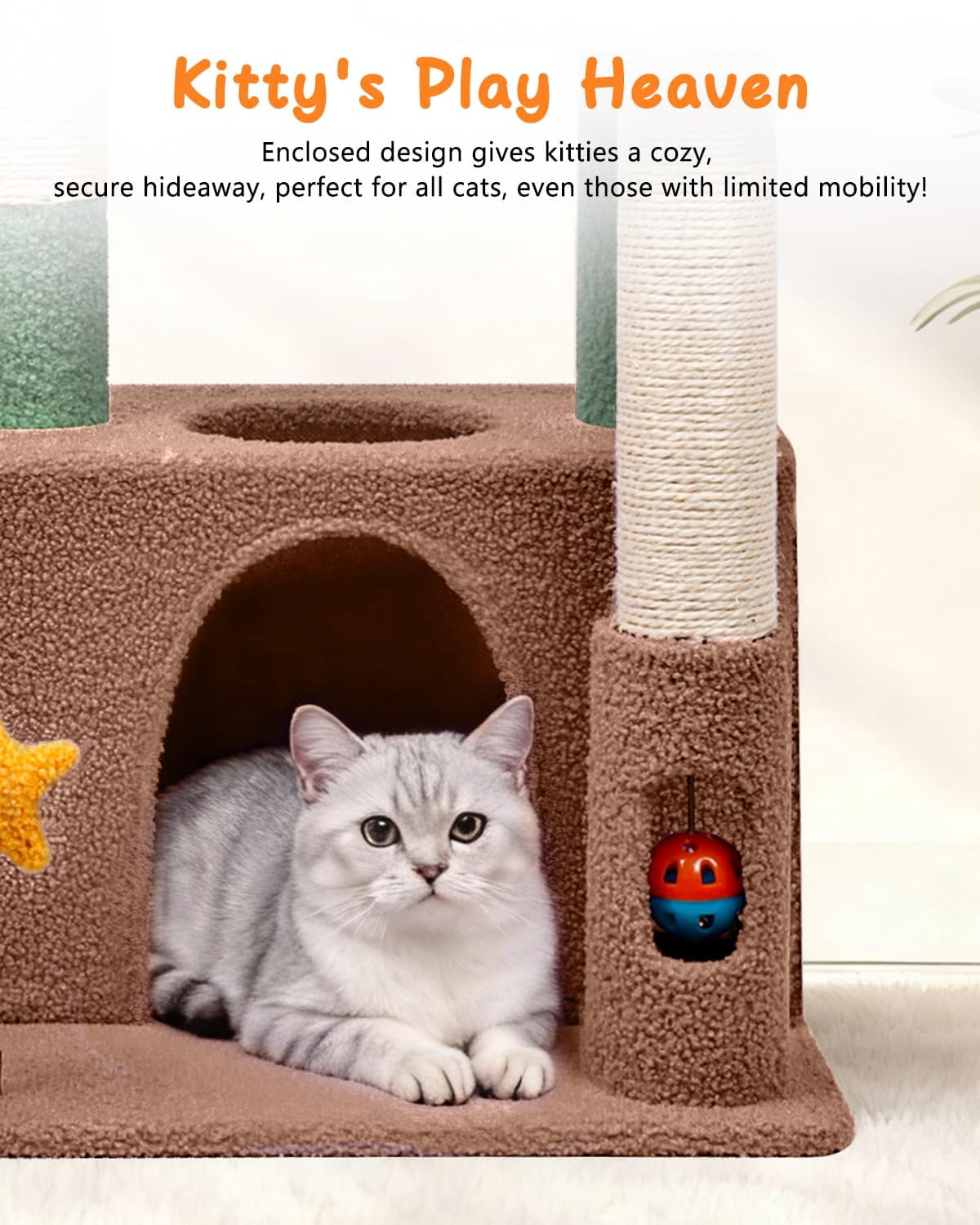 31" Cute Cat Tower For Indoor Kittens With Condo  Plush Platform Hammock Sisal Posts Dangling Ball Tall Tree Self-grooming Brush (olive Green)