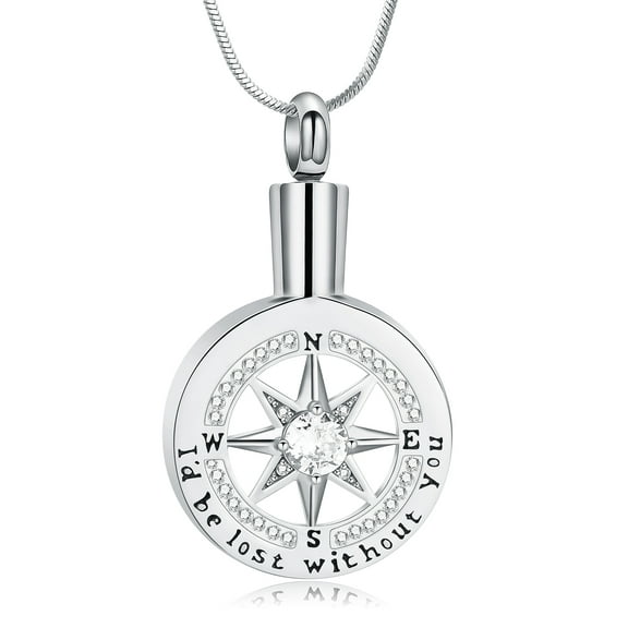New Crystal Compass Cremation Jewelry for Ashes Funeral Ashes Pendant Locket Keepsake Urn Necklace for Women Men W/ Funnel Filler