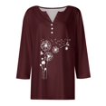 thumbnail image 5 of WTOBBY Women's Fashion Basic V-Neck T-Shirt with Printed Pattern, 3/4 Sleeve, and Button Detail, Ideal for Weekend Wear, Spring Fall Season, Casual Occasions, and Everyday Comfort,Wine L, 5 of 6
