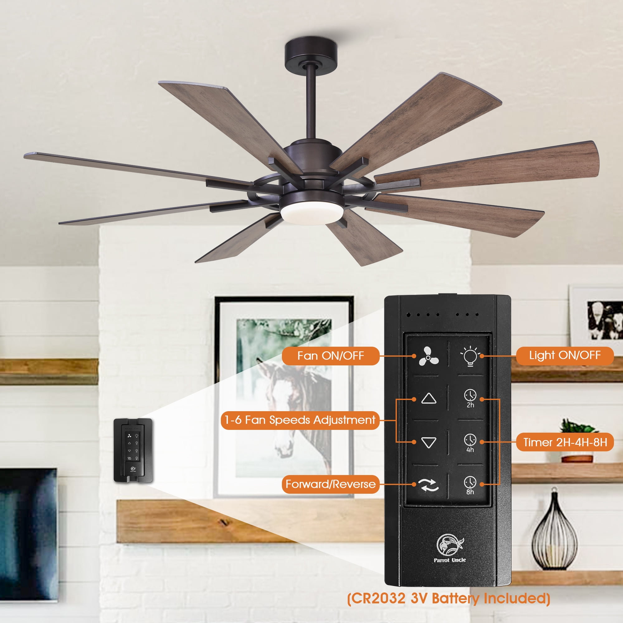 Parrot Uncle 60" Farmhouse Bronze Windmill LED Ceiling Fan with Light and Remote, Large Indoor Ceiling Fans with Light