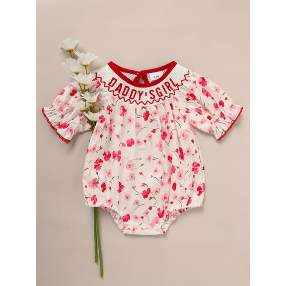 MORTTIC Girls' Cute Floral Smocked Romper Short Sleeves Crew Neck "DADDY's Girl" Letter Embroidery Princess Party Romper Bodysuit