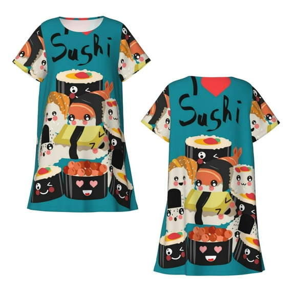 Horeoi I Love Sushi Print Women's Short-sleeved Nightdress Breathable Cotton-like Material Loose A-line Knee-length
