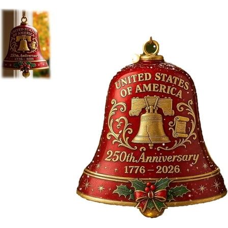 United States 250th AnniversaryBell Ornament, Metal Hanging Bell Christmas Tree Decorations, Commemorative Red & Gold Hanging Decor with Patriotic Motifs for Patriotic Holiday, Christmas