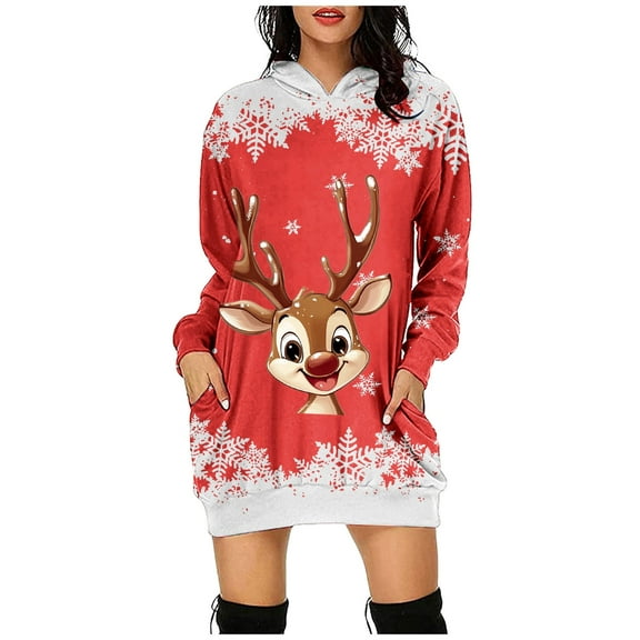 Womens Christmas Dress Christmas Party Dresses 2024 Women's Christmas Christmas Print Hoodie Dress