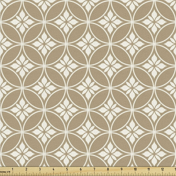 Ambesonne Vintage Fabric by the Yard Upholstery, Art Deco Circles Flowers, 1 Yard, Pale Brown White