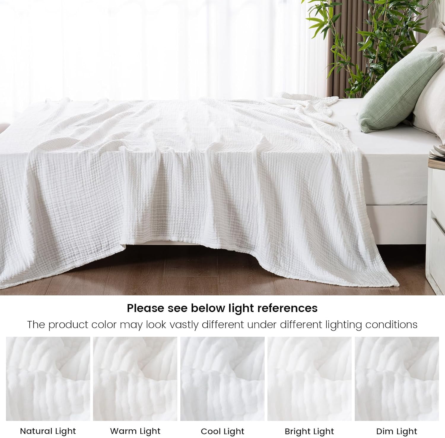PHF Cooling Muslin Twin Blanket for Hot Sleepers, 4-Layer Breathable Bamboo Rayon & Cotton Gauze, Lightweight Summer Blanket for Bed or Couch, 66" x 90", White
