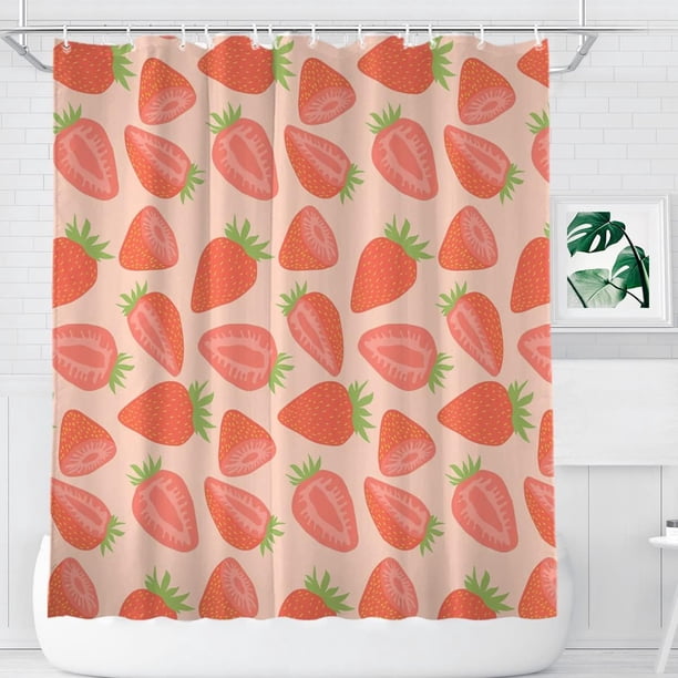 Cortina de ducha con diseño de fresas de KOMIKU, color rosa, moderna y minimalista, para el baño, decoración de bañera, cortina de ducha con diseño de fresas, de secado rápido, lavable, tela de