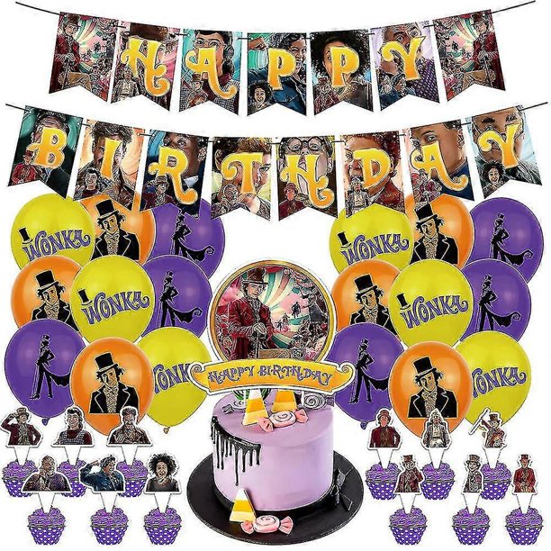 2023 Wonka Chocolate Factory Movie Birthday Party Decoration Set Pull Up Cake Flag Latex Balloons