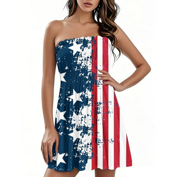 Women's Casual Sleeveless Bandeau Dress with Independence Day Patriotic Print, Summer Beach Party Tank Dress for Outdoor Festivals and Holiday Celebrations,Dark Blue L