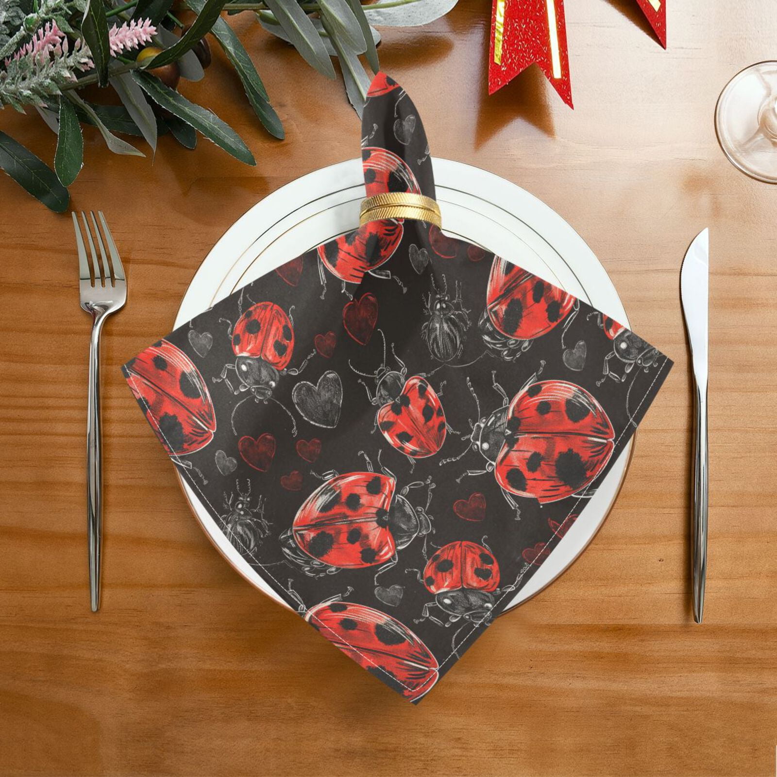 JSTEL Lady Bug Hearts Cloth Napkins Set of 6, 20x20 Inch Washable and Reusable Napkin for Decoupage Dinner Party Everyday Use
