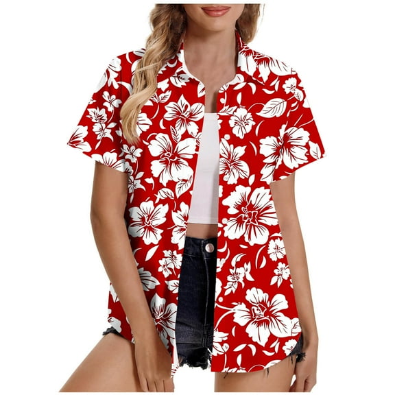 Staron Women's Casual Hawaiian Print Short Sleeve Button Down Shirt Blouse Comfy Relaxed Vacation Beach Top, 3XL