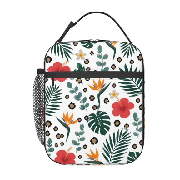 Tropical Floral Leopard Lunch Bag Reusable Thermal Lunch Box with Handle for Women and Men