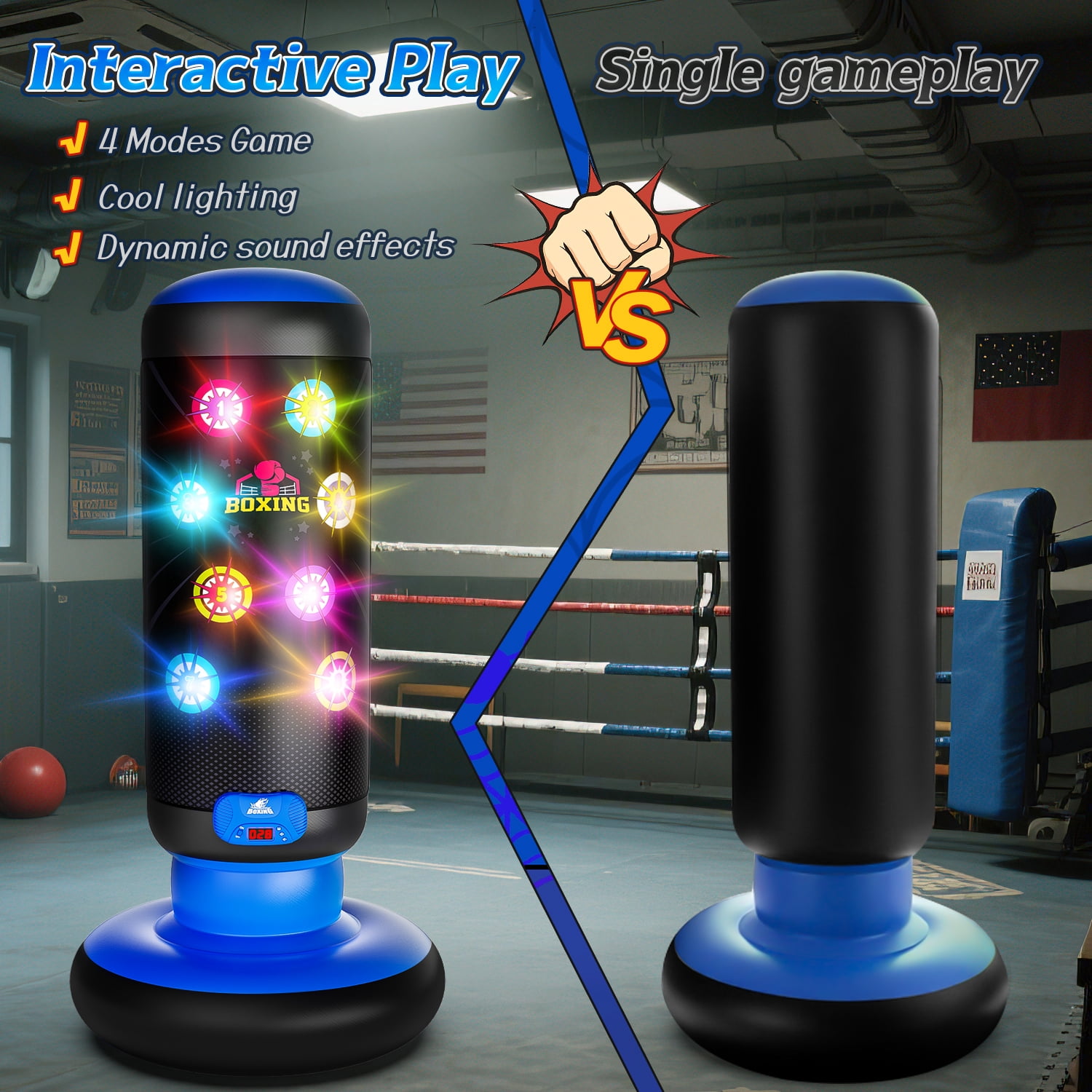 Carsky Kids Punching Bag with Light & Sound, Blue Inflatable Boxing Toy with Gloves, Scoring System, 4 Play Modes, Indoor Outdoor Fitness Toy Gift for Boys and Girls Ages 4-12