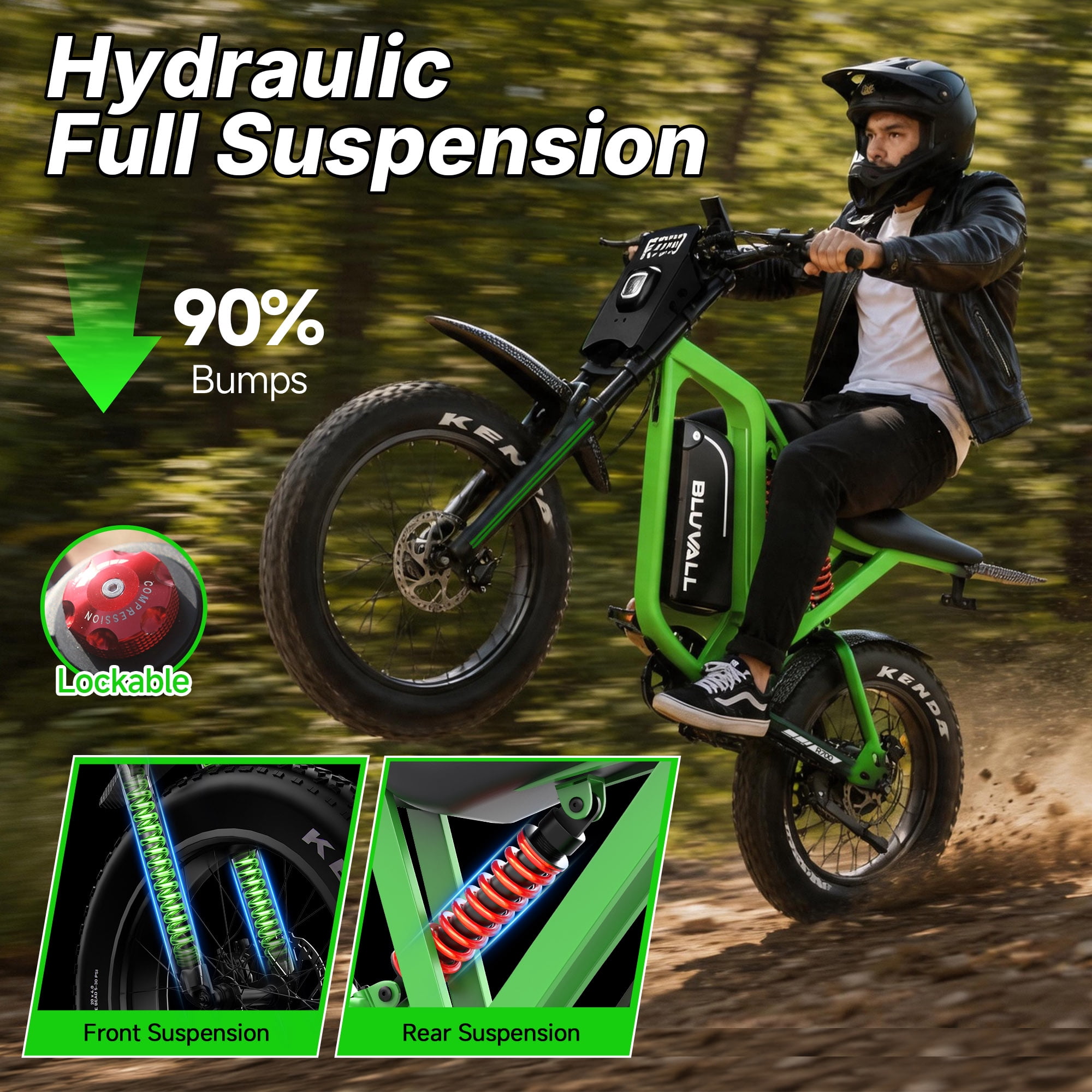 Bluvall 1300Wh Dual Hydraulic Brake Ebike for Adults -2500W Peak 52V Electric Bike 35 MPH,Up to 80 Miles,20" Fat Tire Full Suspension Electric Bicycle for Snow Off-Road Mountain E-Bike