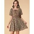 thumbnail image 2 of Unique Bargains Robe Courte à Manches Bouffantes et Taille Smockée à Col Carré Imprimé Floral pour Femmes Noir m, 2 of 6