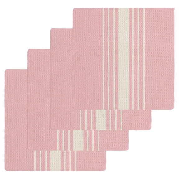 Pink Beige Striped Kitchen Dish Towels for Drying Dishes Set of 4, Modern Farmhouse Retro Lines Waffle Weave Microfiber Hand Tea Bathroom Towels Quick Dry & Absorbent Towel 12x12