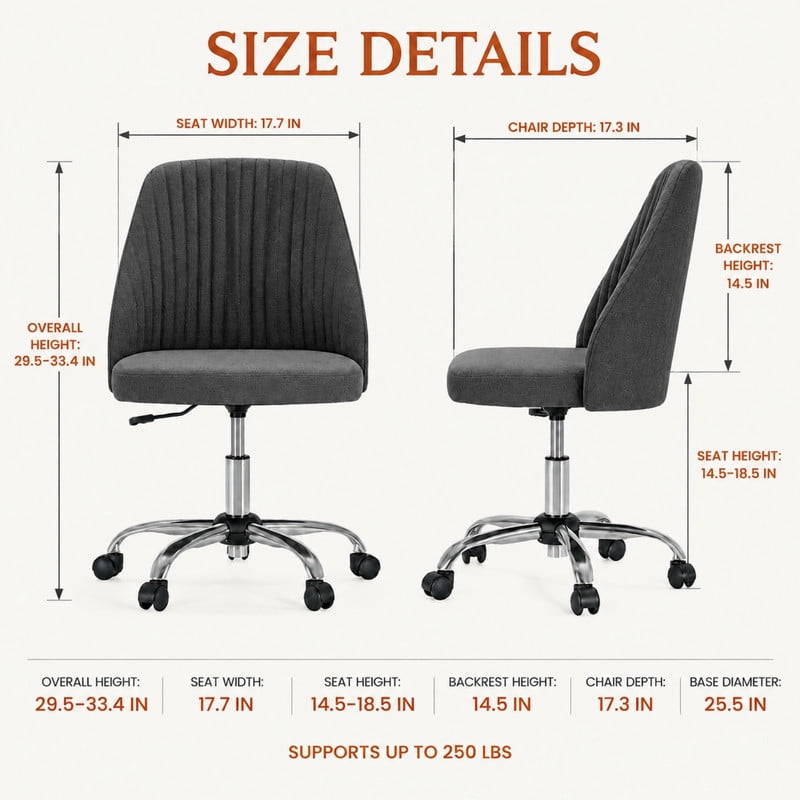 BEAUTYPEAK Armless Vanity Chair Adjustable Swivel Fabric Desk Chair with Padded Seat Wheels Mid-Back Office Chair, Dark Gray