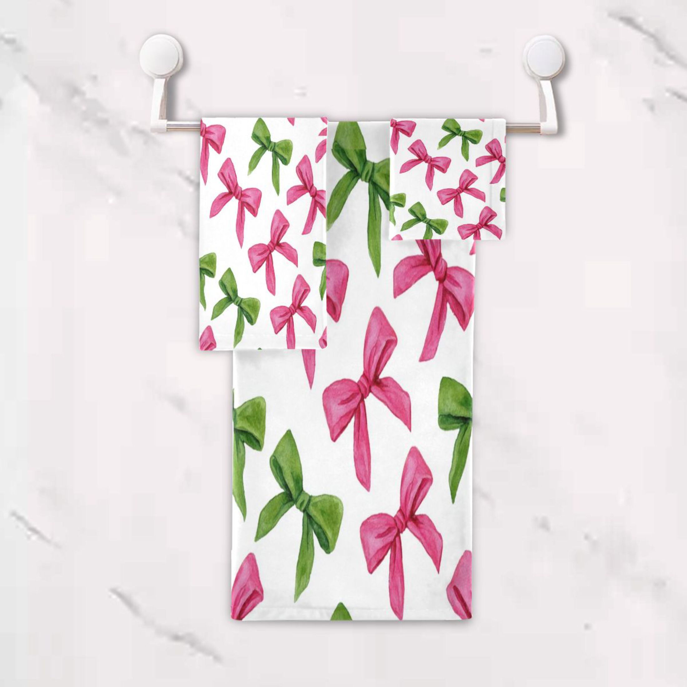 3 Piece Bath Towels Set Bath Towel, Hand Towel and Face Towel for Bathroom, Gym, Hotel Pink Bows and Green Ribbons