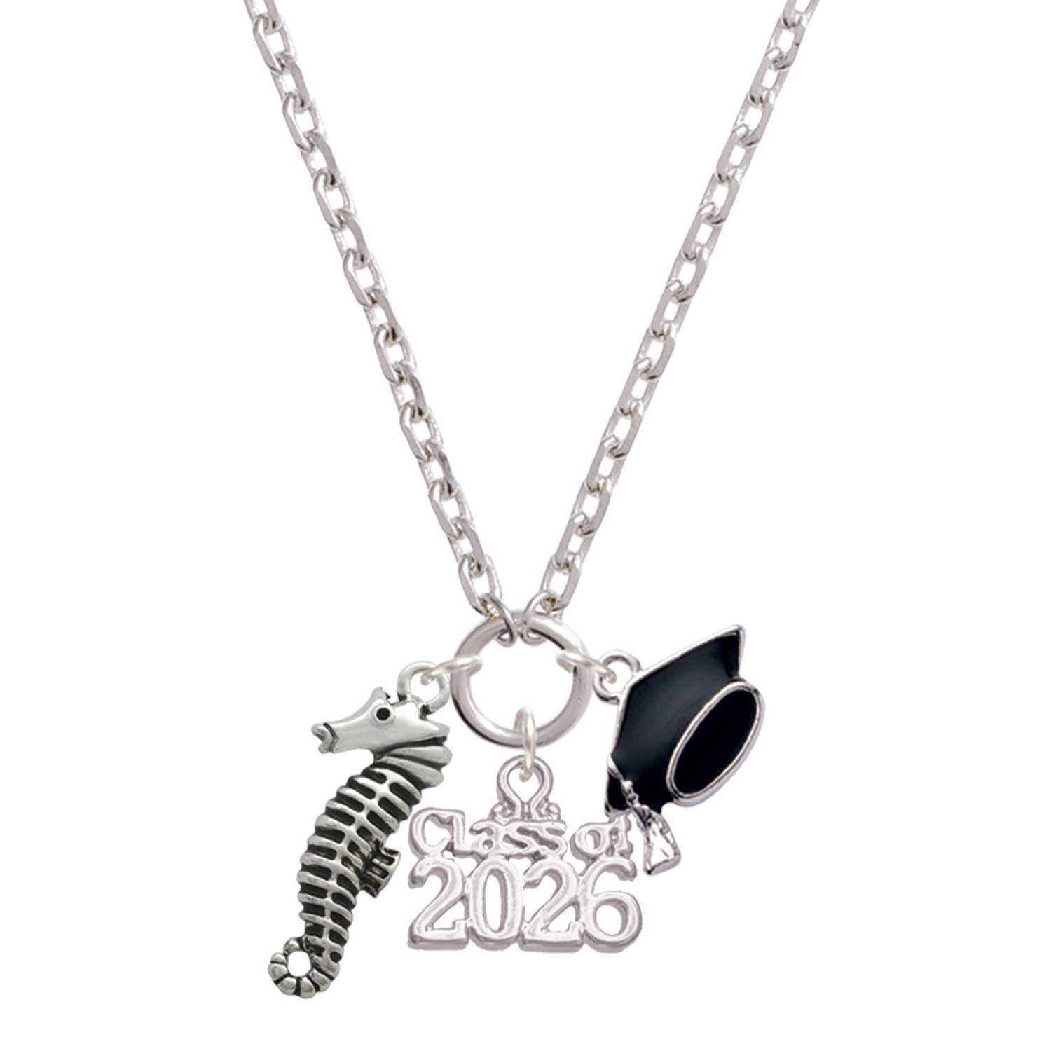 Delight Jewelry Silver-tone Antiqued Seahorse - Class of 2026 Graduation Zoey Charm Necklace, 28"