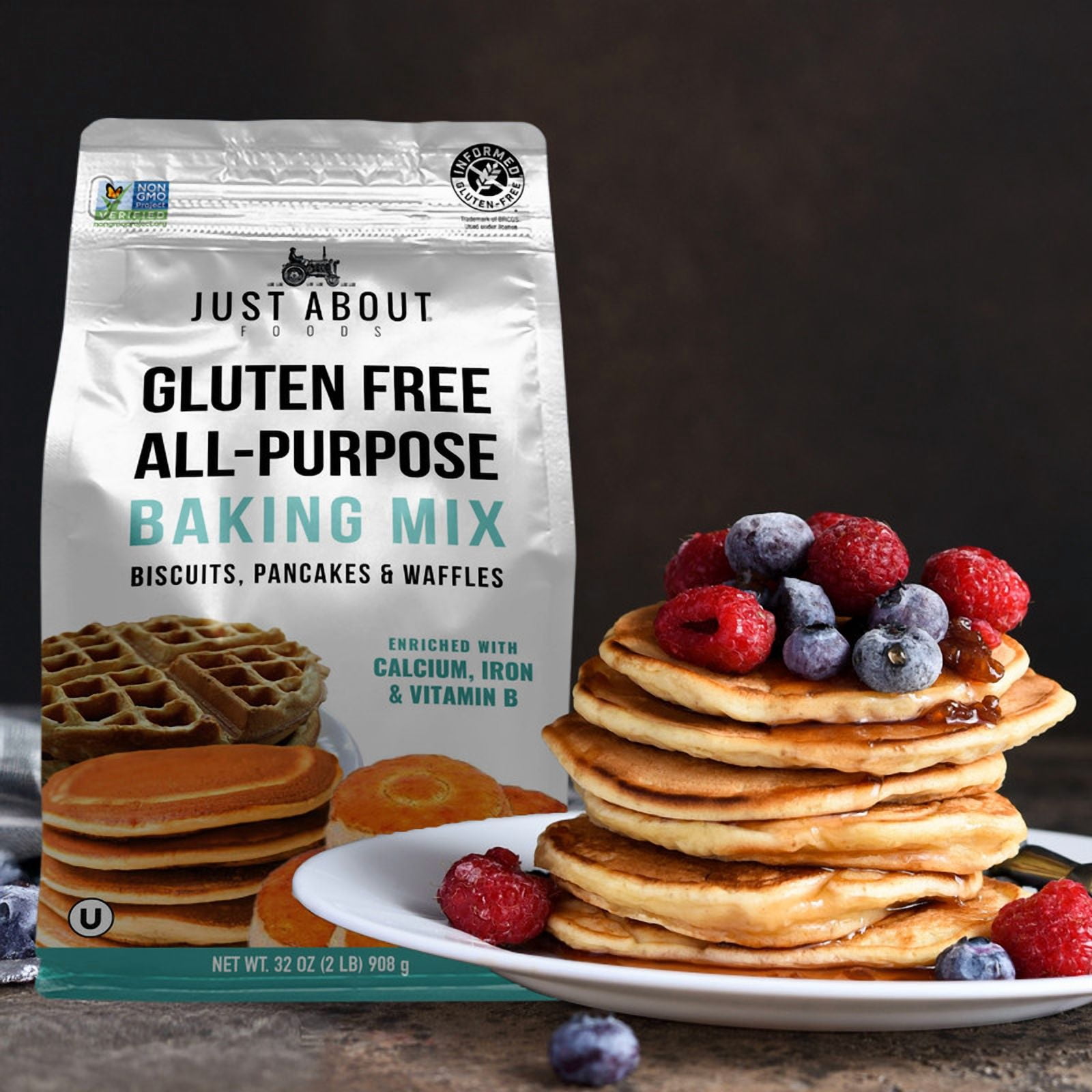 Just About Foods Gluten-Free All-Purpose Baking Mix, 32 oz (2 lb), 1:1 Wheat Flour Substitute, Pancakes, Waffles, Cakes & More