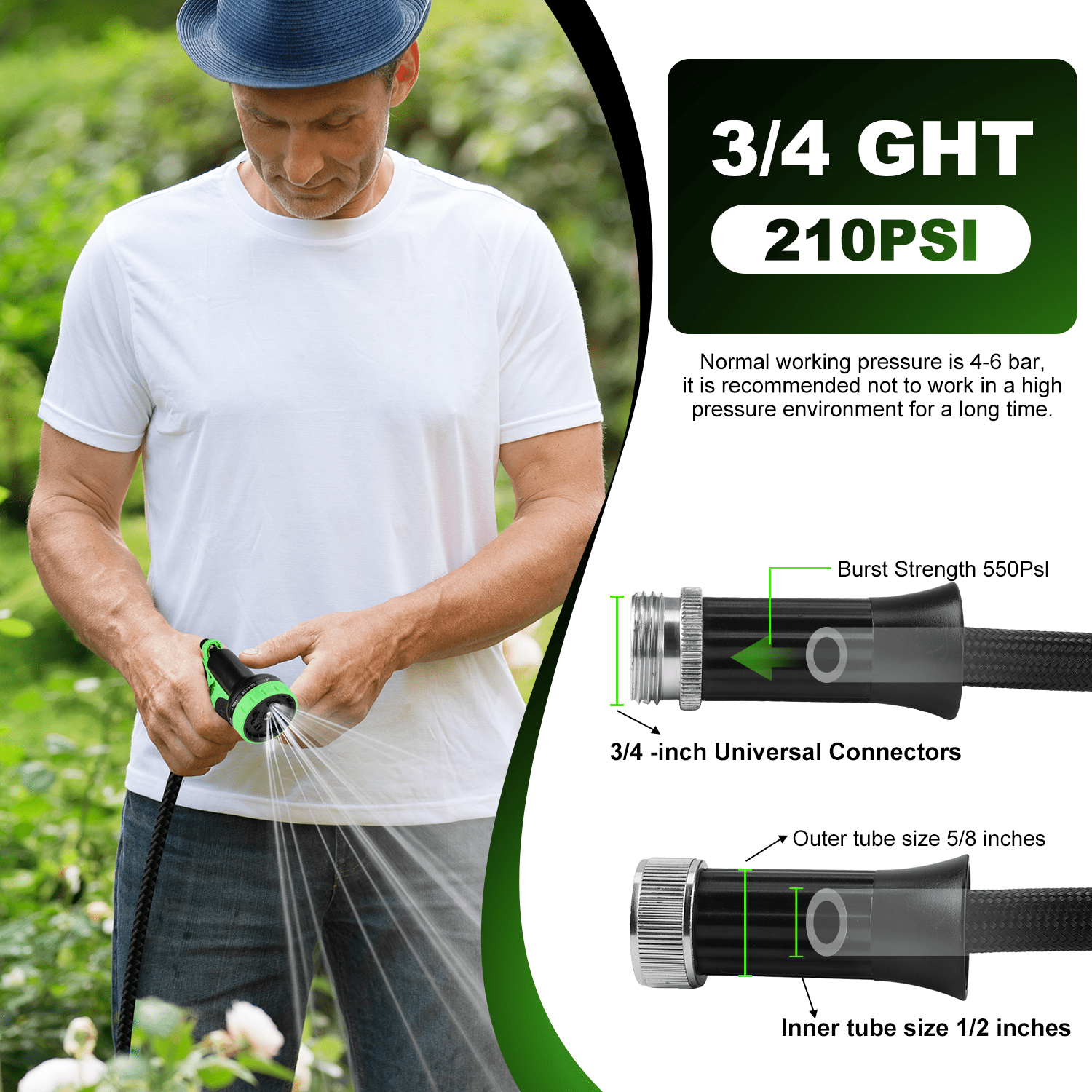 Garden Hose 50FT Non-Expandable Lightweight Water Hose with 10-Function Spray Nozzle, Kink-Free Leak-Proof Hose for Yard Lawn Garden Car Wash