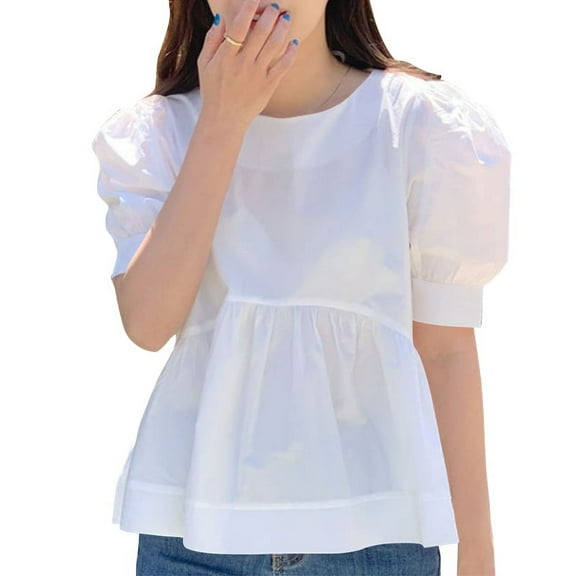 VONDA Women Fashion Puff Sleeve Half Sleeve O-Neck Blouse Ruffled Hem Pleated Tops