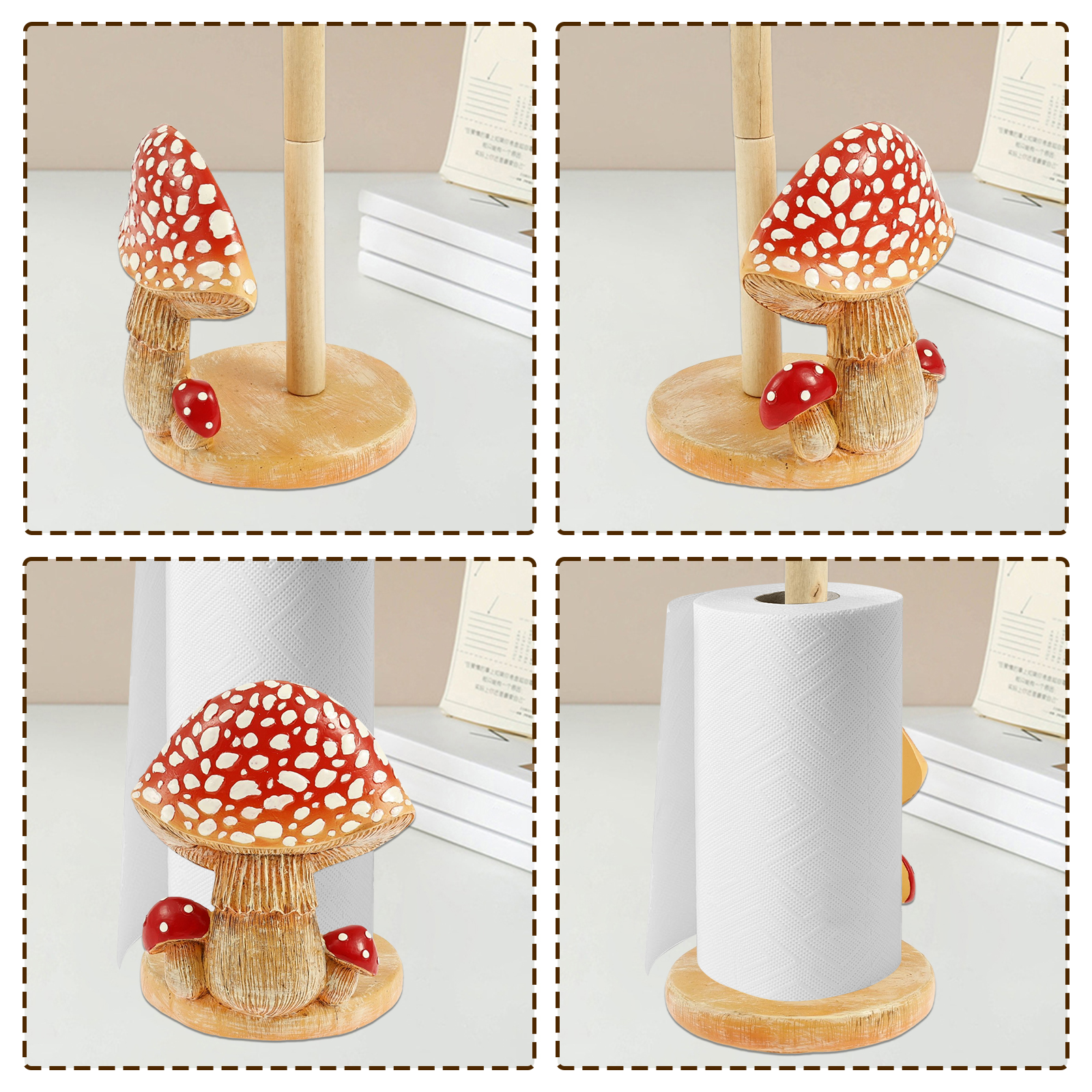 Threns Mushroom Pattern Paper Towel Holder Resin Tissue Paper Roll Display Stand Decor Unique Towel Roll Storage with Wooden Base for Home Kitchen Dining Room Countertop