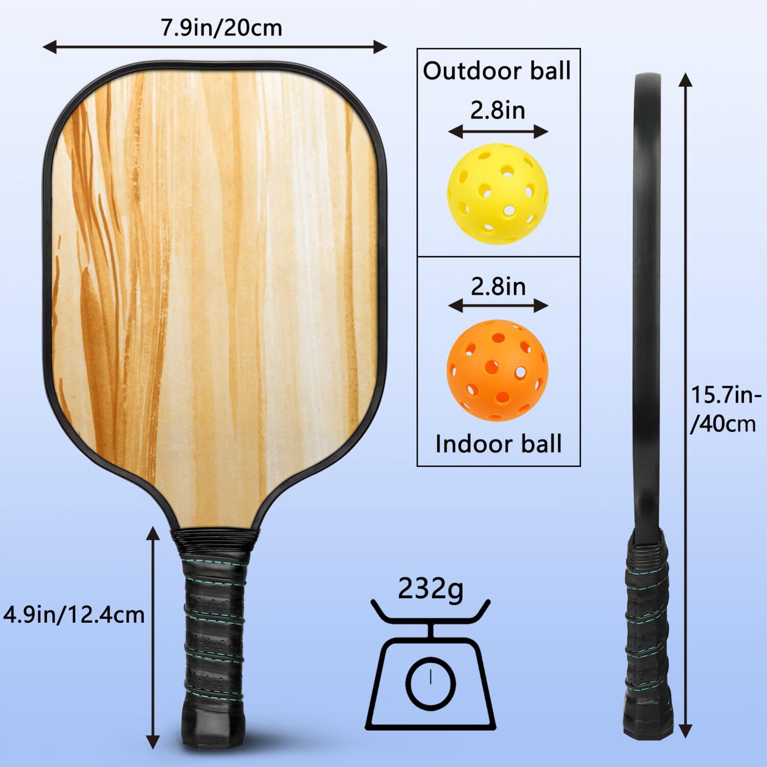 Pickleball Paddles Set Of 1, Fiberglass Surface, Wood Grain Print, 1 Paddle, 2 Balls & Bag