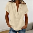 thumbnail image 5 of Summer Short Sleeve Tops Women Loose Fit V Neck Cotton Linen Shirts Solid Cozy Casual Beach Blouses (S, Beige), 5 of 7