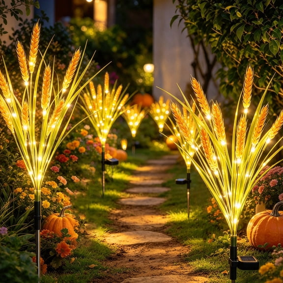 Solar Wheat Stake Lights 25.59 Inch Fall Yard Decor, Warm White Lighted Garden Pathway Lights for Thanksgiving Harvest