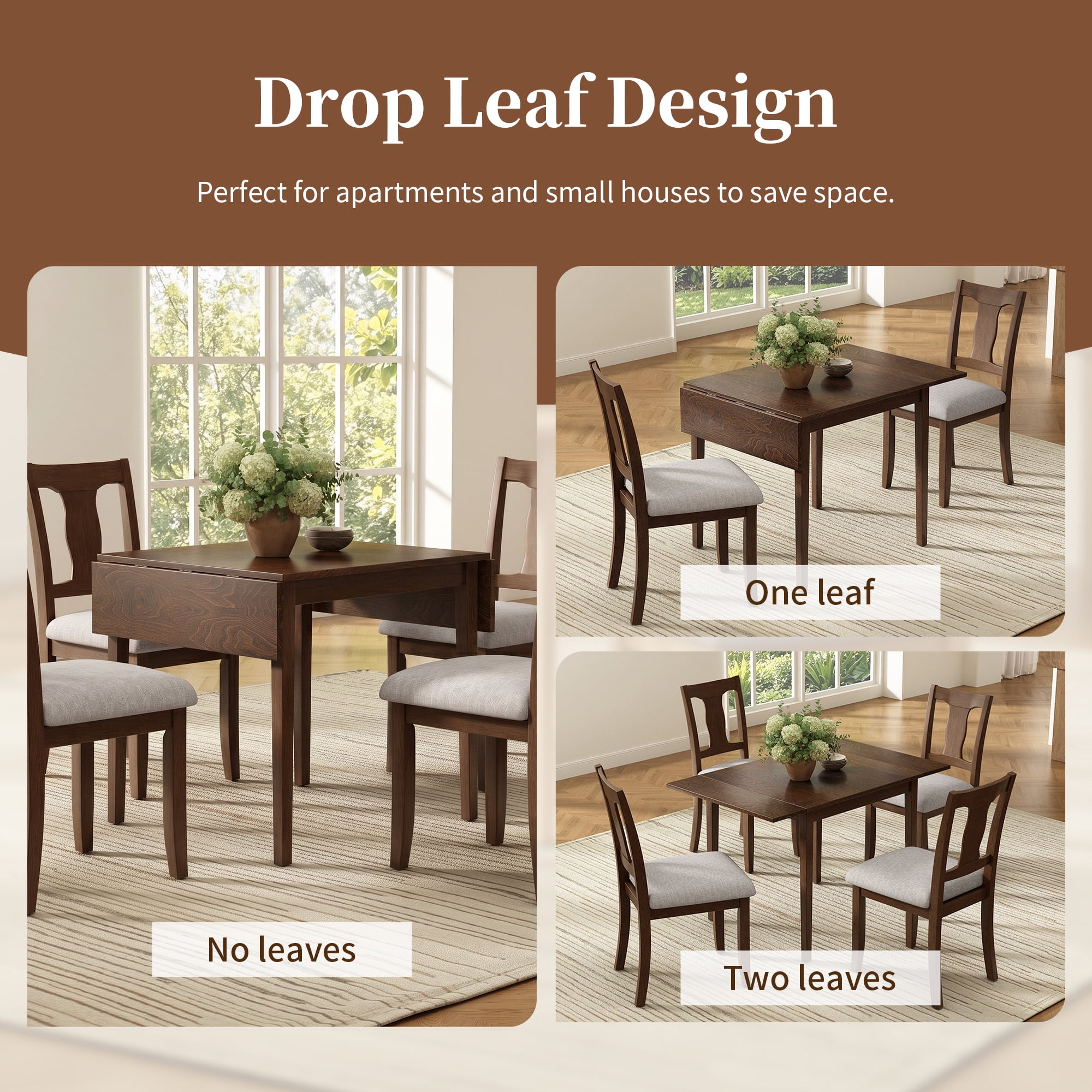 Euroco 5-Piece Dining Table Set for 4, 45.67" Extendable Kitchen Table Set with Drop Leaf and 4 Upholstered Chairs,Dining Room Set for Small Space,Brown