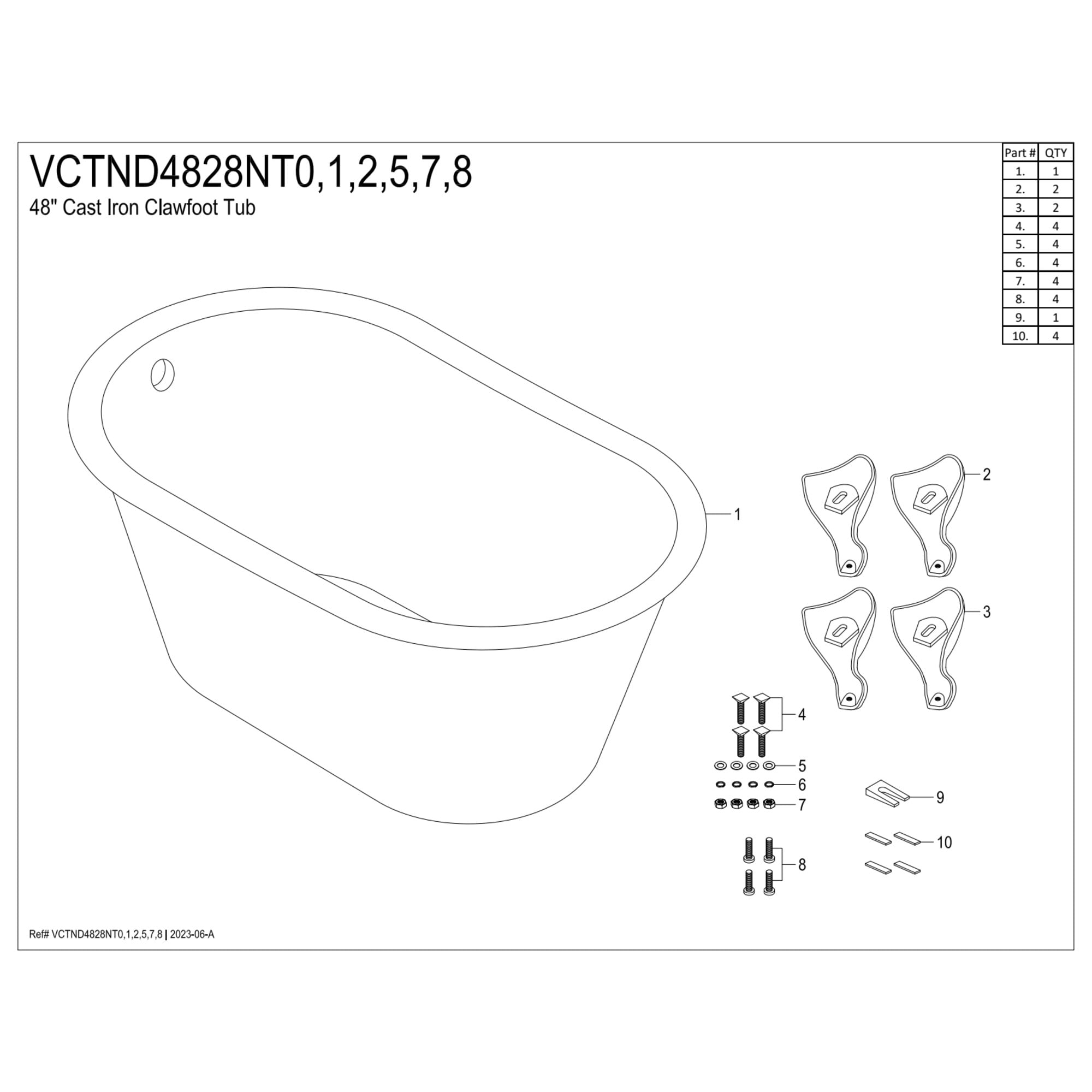 Aqua Eden VCTND4828NT2 48-Inch Cast Iron Oval Single Slipper Clawfoot Tub (No Faucet Drillings) in White/Polished Brass