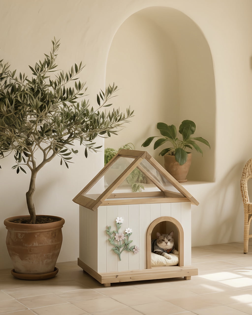 Transparent Roof Pet House with Floral Carving FSC-Certified Cedar Indoor Shelter for Cats & Small Dogs 24*22*32
