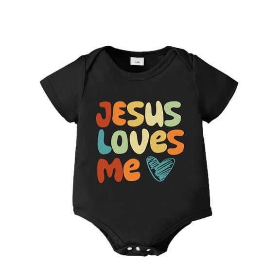 Baby "Jesus Loves Me" Colorful Retro Letter Print Short Sleeve Bodysuit Summer Infant Romper with Snap Closure