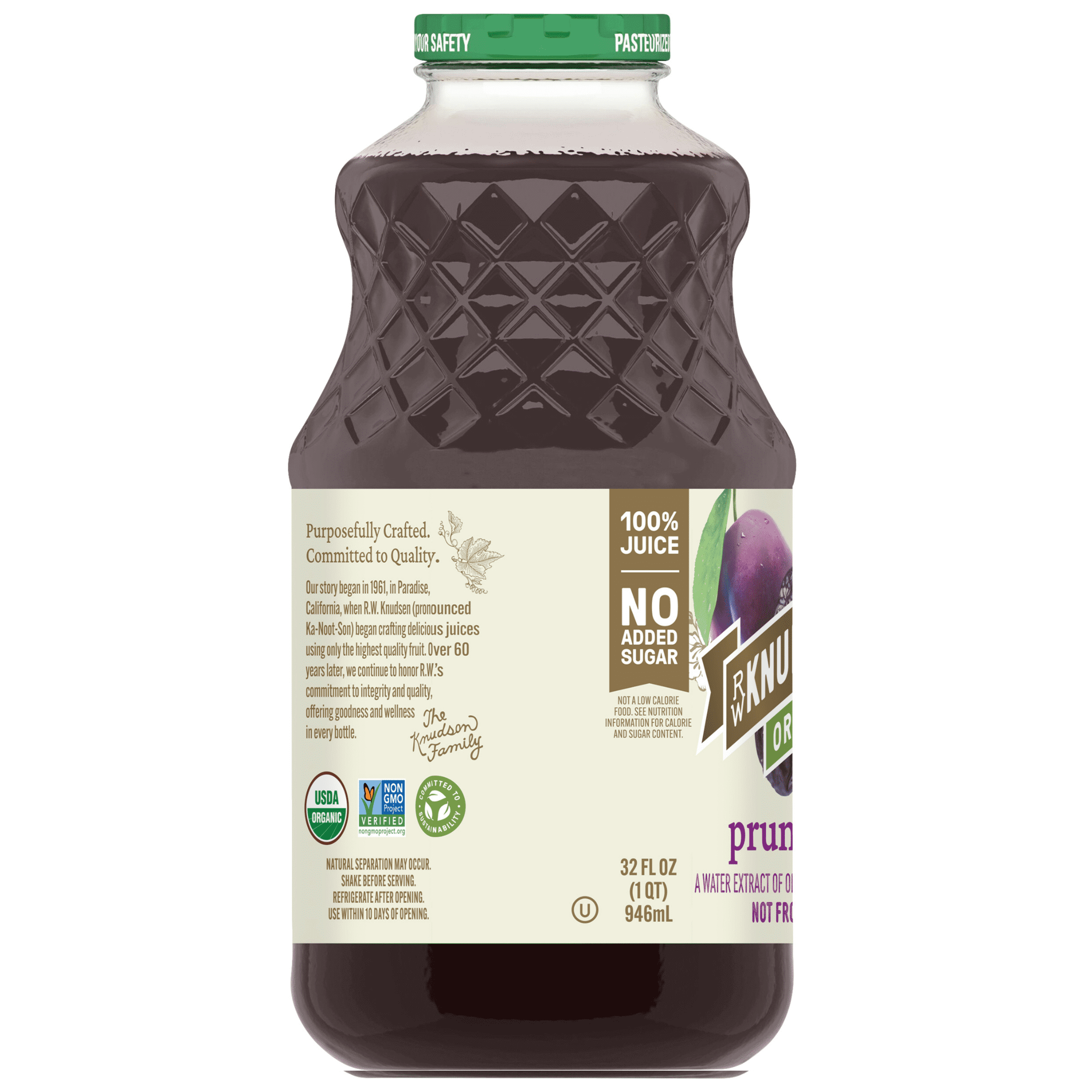(3 pack) R.W. Knudsen Family Organic Just Prune Juice, 100% Juice, 32 oz, Glass Bottle, Shelf-Stable