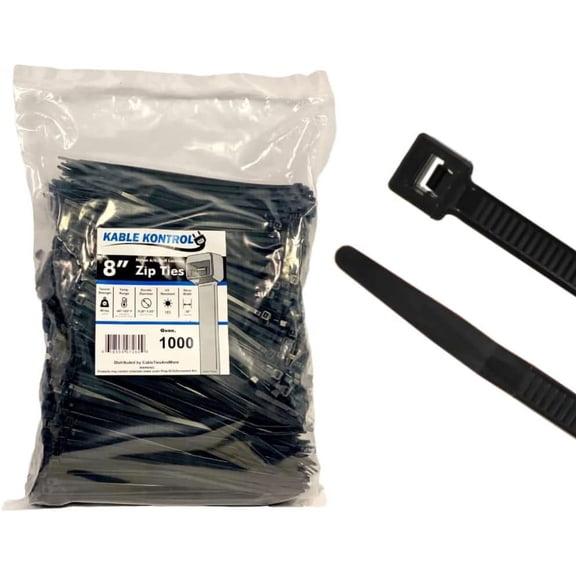 Kable Kontrol Black Zip Ties - 8" Inch Long - UV Resistant Nylon - 40 Lbs Tensile Strength - 1000 pc Pack