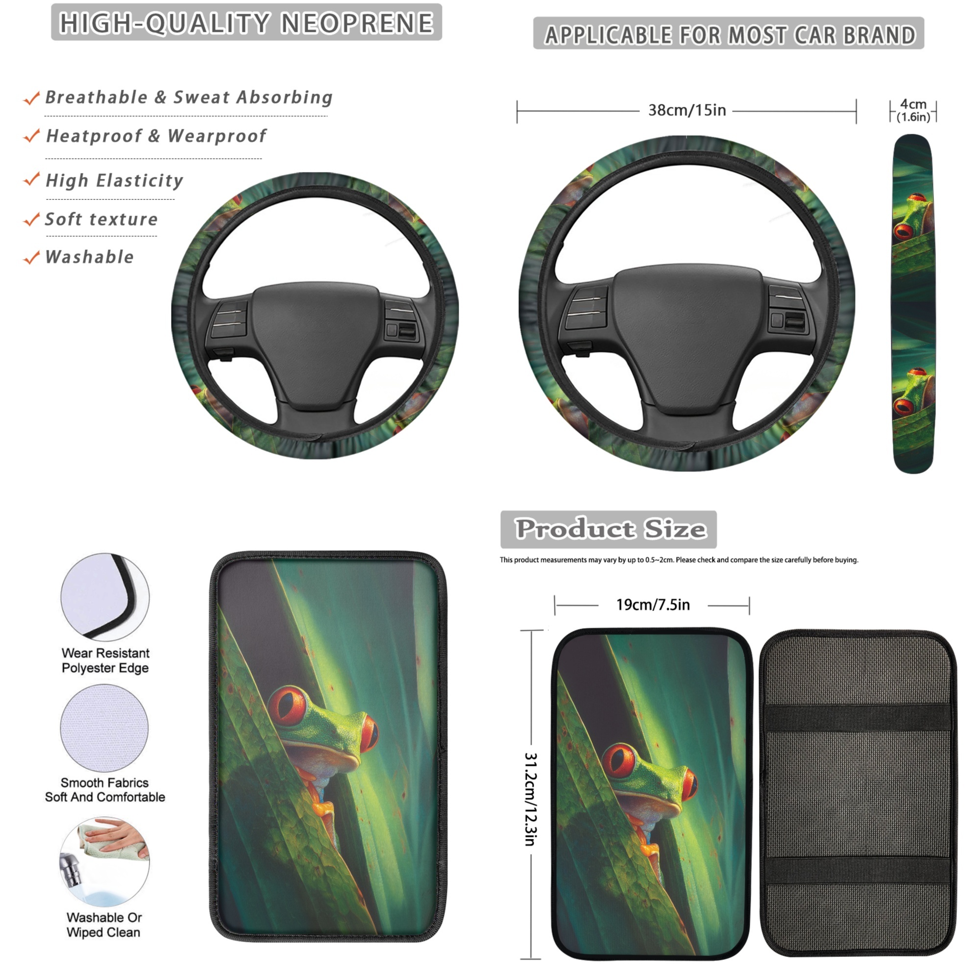 Jeiento Frog Car Seat Cover Full Set of 13 Steering Wheel Cover Seatbelt Pad Armrest Cover Cushion Green Leaves Coasters Key Chain for SUV Van Truck Truck Interior Automobile Accessory Sets