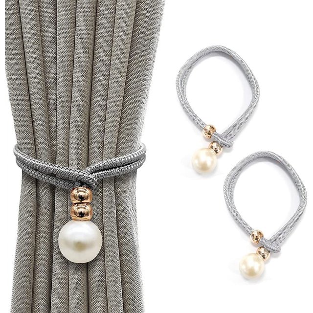 Rideaux Tiebacks, 2 Pack Rideaux Réglables Draperie Retenue, Cravates de Rideau pour le Bureau à Domicile Décoratif, Faux Perle Perles Rideaux Draperie Retenue avec Anneau de Fixation de Style Européen (Gris)
