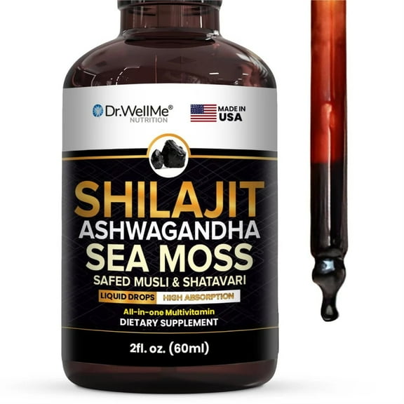 Dr.WellMe Shilajit Ashwagandha Sea Moss Safed Musli & Shatavari Liquid Drops (2fl oz) | Boost Energy, Immune Health, Stress Relief, Detox & Joint Support | Natural Adaptogen Blend for Wellness
